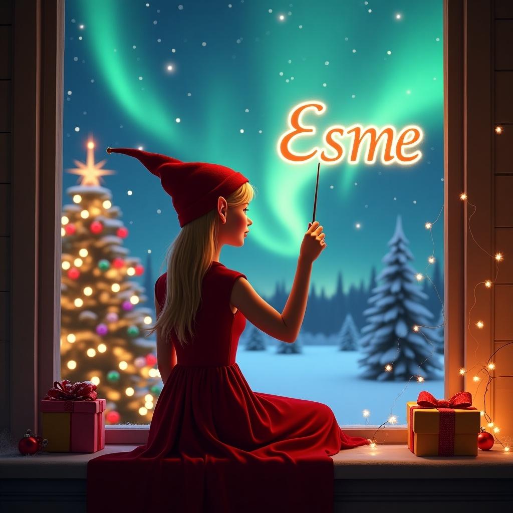 A female elf sits on a windowsill. She looks out at a magical Christmas scene. The elf wears a red dress and a matching pointed hat. In her hand is a wand. She writes the name 'Esmé' in the air. The background features northern lights and a Christmas tree. Colorful presents are nearby. Soft lights illuminate the scene, creating warmth.