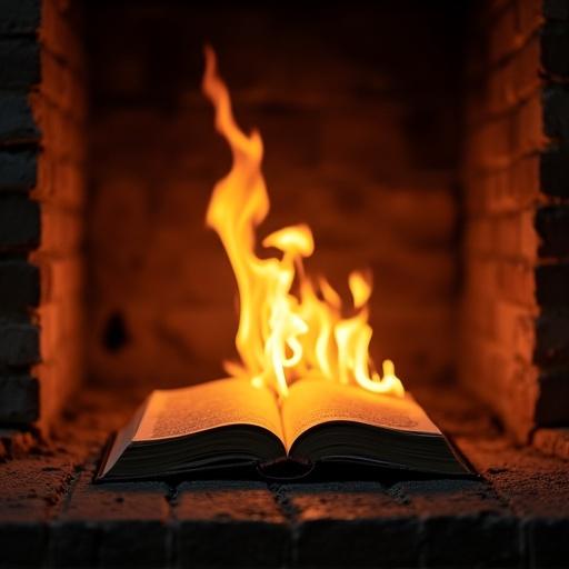 Book caught in fire. Burning in fireplace. Pages burn too.