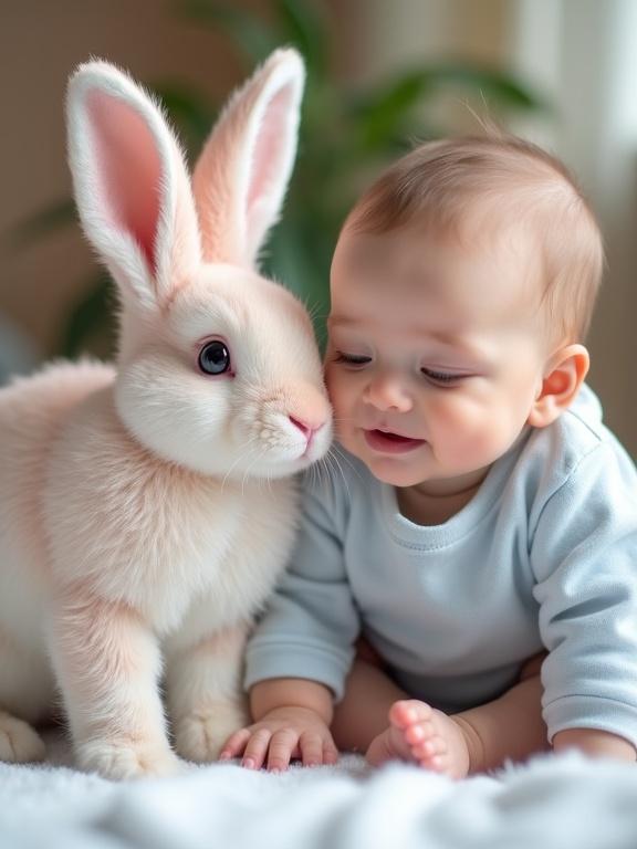 A scene featuring a baby in a light blue romper. The baby has a gentle expression while sitting comfortably. Beside the baby there is a large fluffy rabbit with white and pink fur. The rabbit has long ears and a friendly demeanor. The baby and rabbit are close together in a cozy indoor setting. The background is softly blurred. The lighting is natural and soft highlighting textures.
