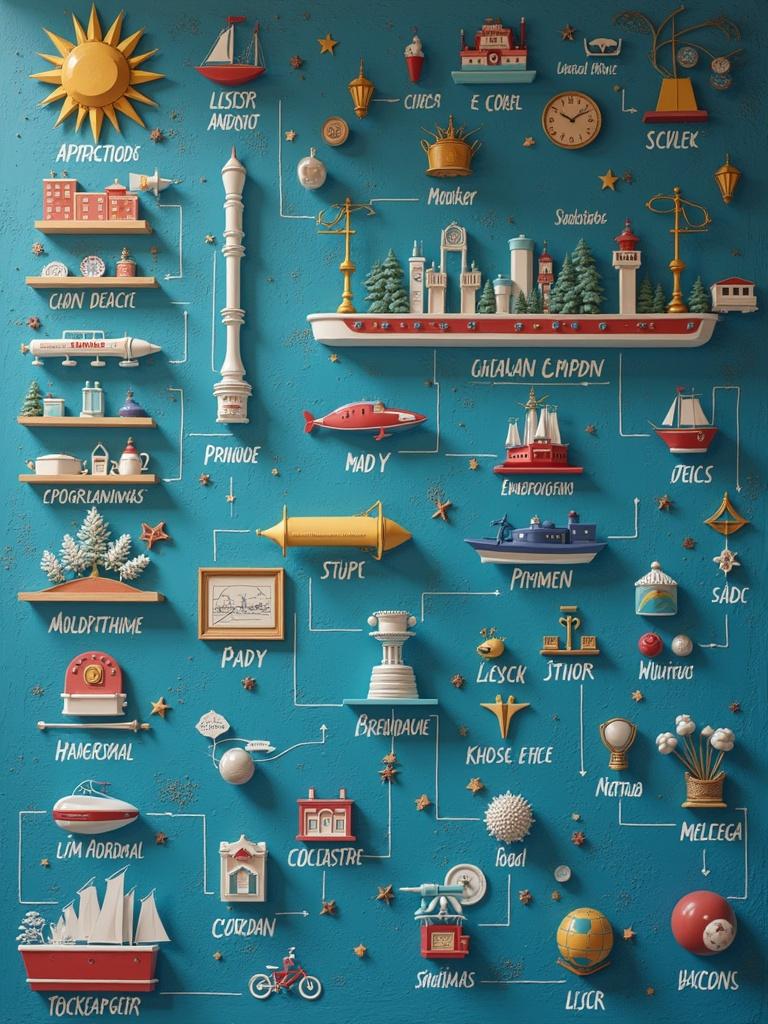 Flowchart about LLM model. Visual distinctions with ships and buildings. Bright teal background enhances imagery. Educational theme represented through graphics. Each element labeled with importance in a sequence. Bold colors attract attention.