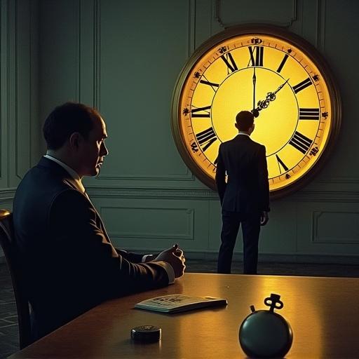 Collage image depicting transformation. First frame shows a person alone in a dark room with a broken watch on the table. Second frame shows the person standing in a luxurious office with a golden clock behind them.