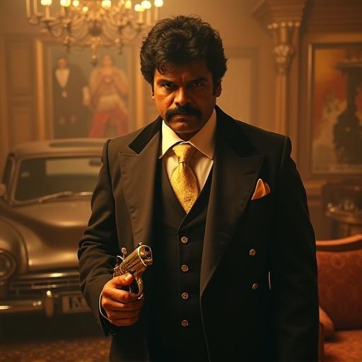 Retro-style scene depicting action in a Tollywood film. Actor stands in a dimly lit mansion. He holds a gold-plated pistol. Ornate décor surrounds him, vintage film posters are present, and a classic car is in the background.