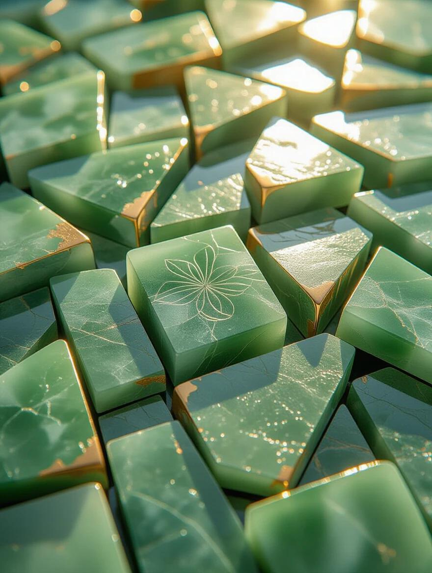 Close-up abstract composition of overlapping hand-carved jade fragments. Shades of emerald green teal and translucent amber dominate. Dense irregular pattern fills frame. Warm radiant light creates golden highlights. Polished surfaces shimmer with reflections. Metallic gold edges outline jade pieces. Smooth slightly glossy surface texture with color depth variations. Low viewpoint emphasizes scale and complexity. Ethereal magical ambiance evoking sacred spaces. Macro focus on intricate details with shallow depth of field blurring background. Mood of wonder and opulence with mystery.