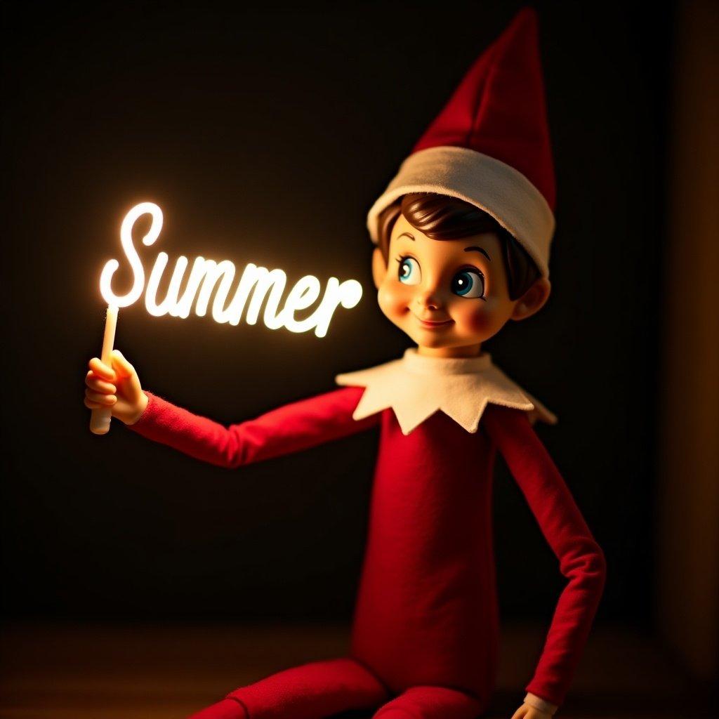 An elf character in red and white attire holds a glowing stick forming the word 'Summer'. The background is dark, enhancing the glow. The scene creates a warm festive atmosphere.