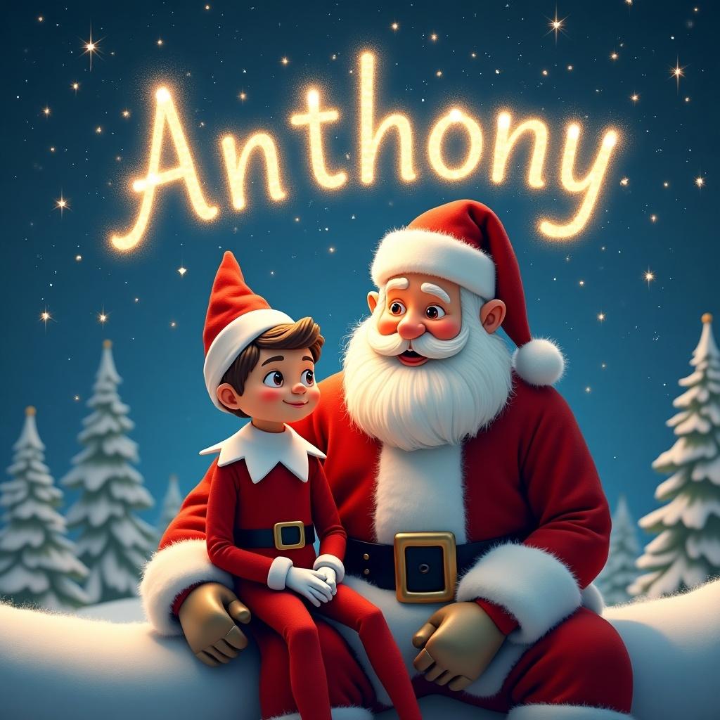 A charming scene at the North Pole featuring a little boy Elf on the Shelf with short brown hair and brown eyes, happily sitting next to Santa Claus. The elf is dressed in a traditional red outfit, and both characters are enveloped in a warm, festive atmosphere. Above them, the name 'Anthony' is beautifully written in the sky with sparkling lights. Surrounding them are snow-covered trees, enhancing the magical winter setting. The overall feel of the image is cheerful and inviting, perfect for the holiday season.