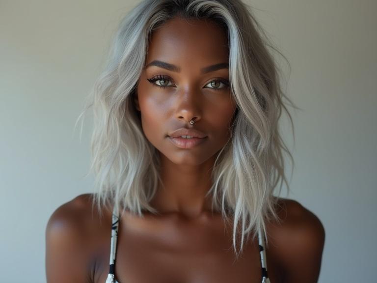 Young woman with slim figure wearing a bikini. She has medium length silver hair and dark skin. Winged eyeliner accentuates her eyes. Soft studio lighting used. Image captures upper body.