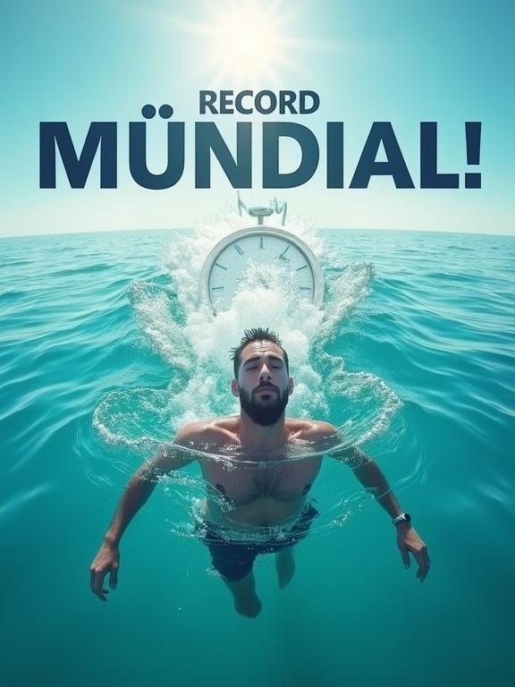 Dramatic vertical YouTube thumbnail. Man floating on blue water under bright sky. Stopwatch overlay shows 1:00:00. Bold text stating RECORD MUNDIAL! and 1 HORA FLUTUANDO. Man appears relaxed and determined. High contrast and vivid colors. Emphasis on water reflections and heroic vibe. Motion effects to enhance intensity.