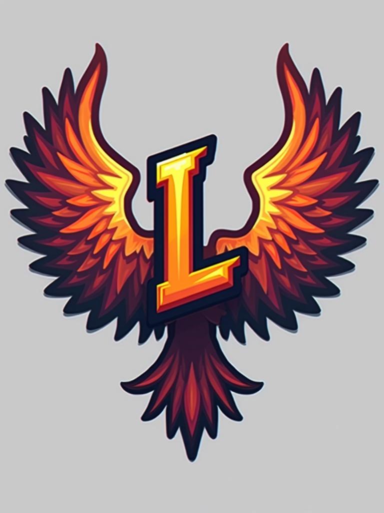 Logo design for Minecraft server Lucky. Features phoenix wings around blocky L. Vibrant and eye-catching look.