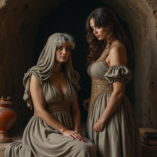 Two women in a mystical setting. One older with gray hair in a simple tunic, the younger one, slender with long dark hair, in an elaborate dark red outfit. The atmosphere is filled with antique artifacts and warm dim lighting.