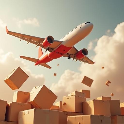 Plane flying in the sky. Cardboard boxes dropping from the plane. Dark red, white, and gold colors dominate the scene.