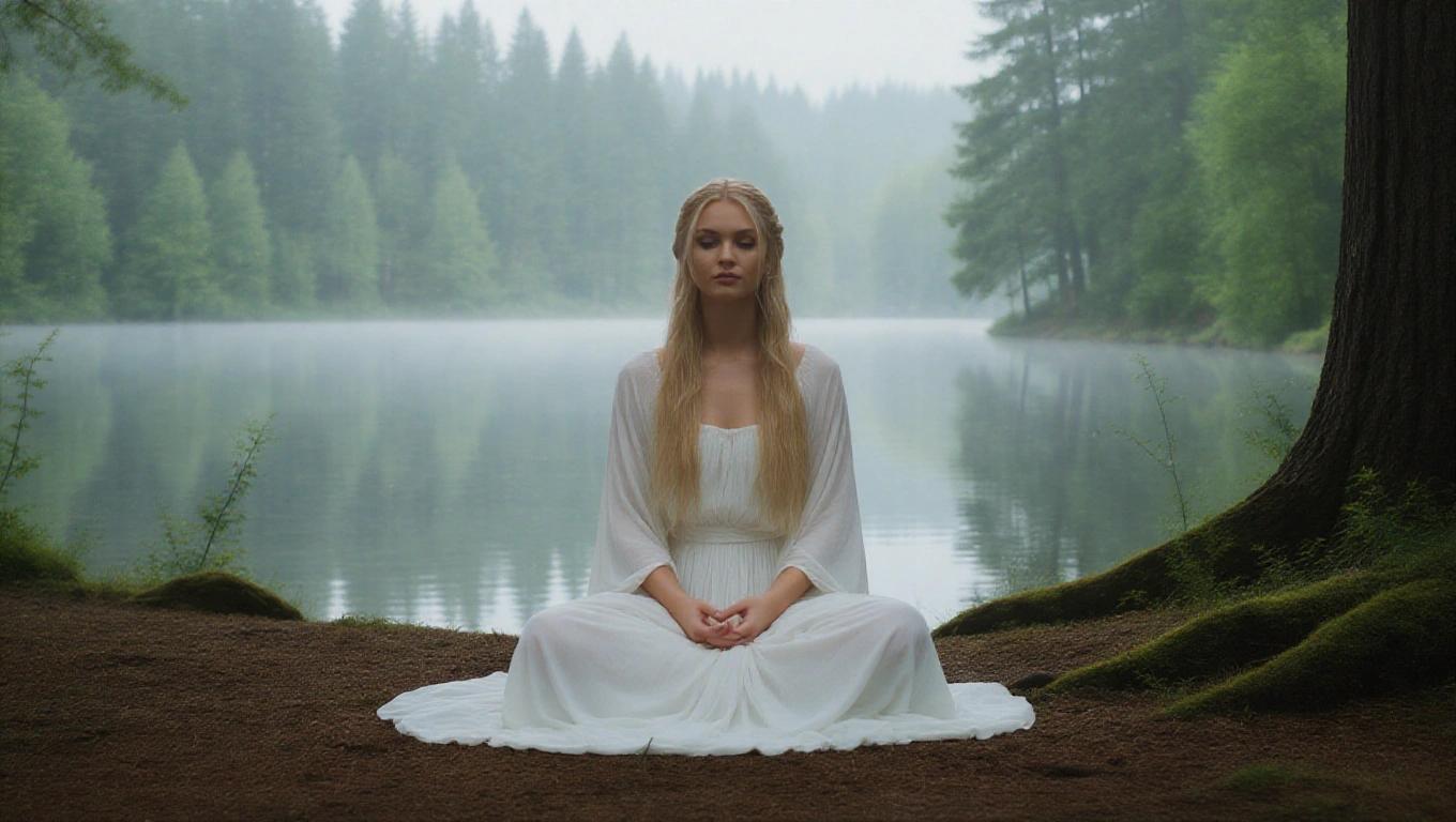 A woman sits quietly in a misty forest by a lake. She has long blonde hair. She wears an ethereal white gown. The scene is tranquil and enchanting. This captures meditation and serenity. The image is sharp and realistic.