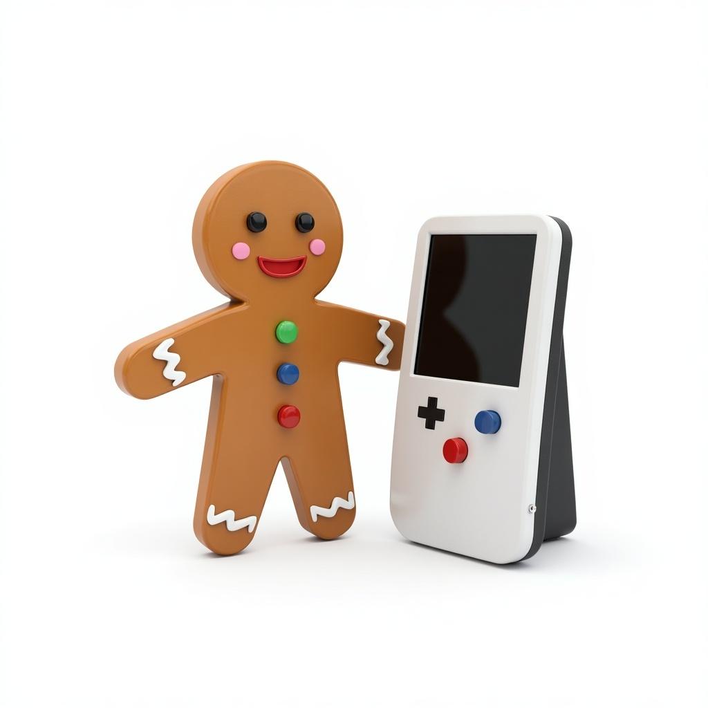 Gingerbread man character with buttons. Scanning device next to him. Both are on a white background. Atmosphere is fun and festive for the holiday.