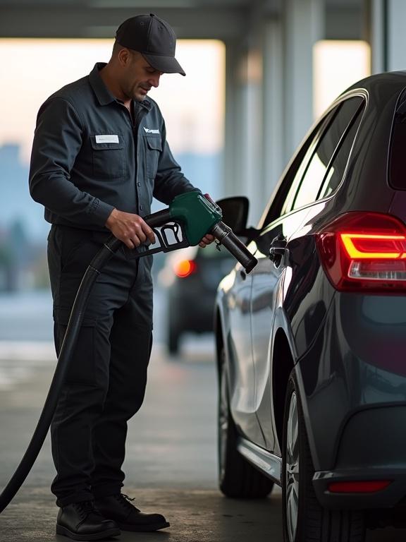 Employee at a fuel station refilling a customer's vehicle with a smile. Evening setting with soft light.