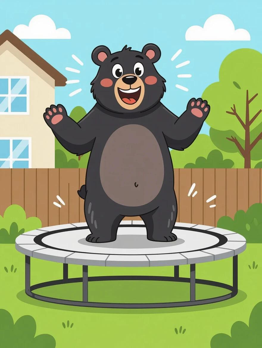 A cartoon style bear is bouncing on a trampoline in a green backyard setting. The bear stands joyfully with a wide smile. The trampoline is circular with a gray frame and a white jump mat. The bear is black with a rounded belly and cheerful eyes. The background has simple details with blue skies and a house.
