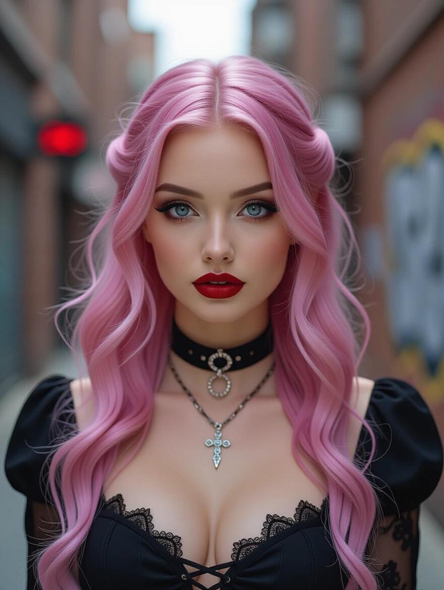 Photo of a gothic-themed woman styled as a vampire. She has pink hair with blue ends and blue eyes. Urban alley setting contributes to the gothic atmosphere. Woman wears an elaborate gothic outfit. Dark lighting gives a chilling effect.