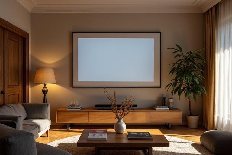 Modern living room featuring a wall-mounted TV. Includes a coffee table, sofa, and decorative plant.
