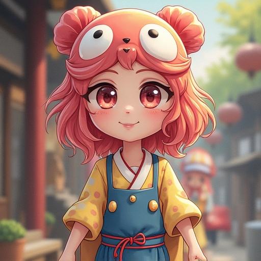 Young character with pink hair wearing a red and cream hat. Bright background with playful elements. Cute and whimsical style showcased.