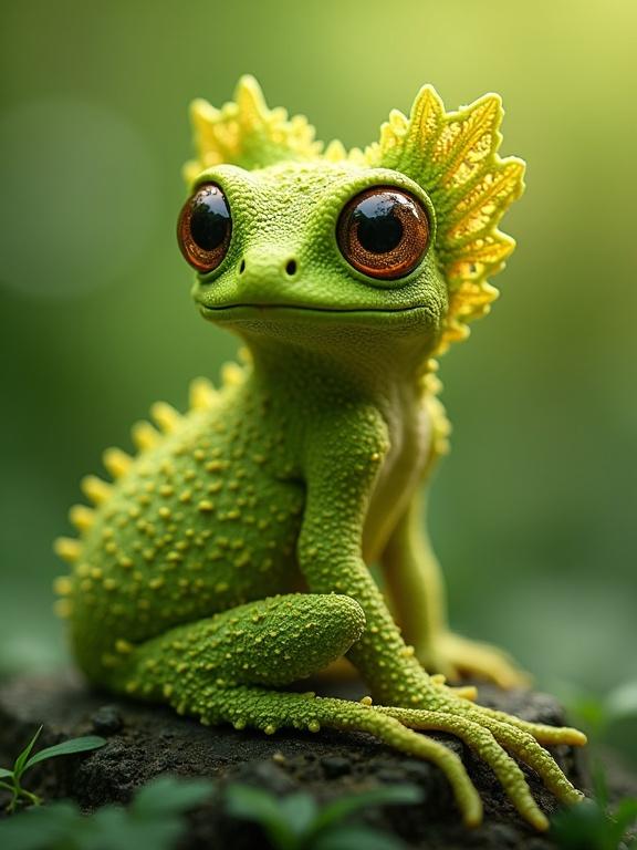 Highlight a whimsical creature blending nature and fantasy. The creature has bright lime green skin and intricate textures. Large amber eyes reflect light. Ears resemble curly fronds. The blurred green background mimics a lush environment. Art evokes surrealism and playfulness.
