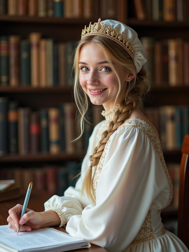 Hyperrealistic full body photo of an elegant Slavic woman studying in a library. She is wearing a modest gown with gold embroidery. Her blonde hair is in a braid. The background is filled with books. Emphasis on her gentle beauty and poise.