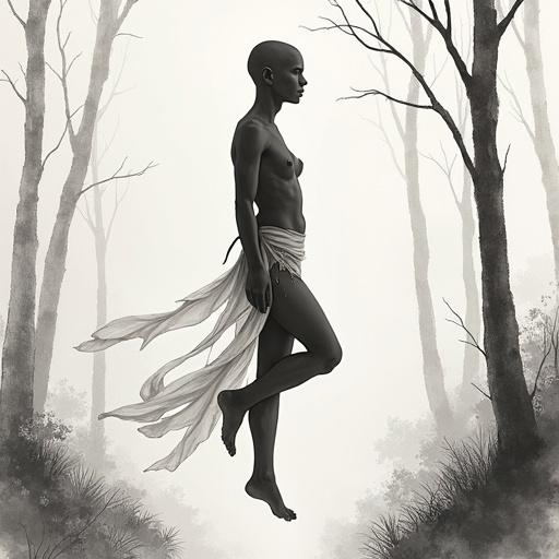 Bald human silhouette with white fill. No breast no clothes. Floating with flowy body movement in a forest. Monochrome minimalist sketch. Delicate ink lines on textured paper. Serene mood. Inspired by traditional Asian brushwork.