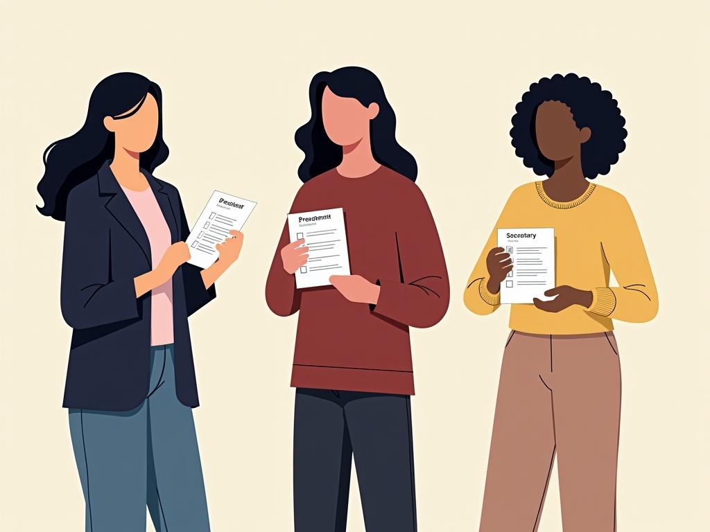 Illustration depicts three individuals of different ages body shapes and ethnicities. Each holds a distinct voting ballot for a club election. One person reads the ballot while another shows it proudly. The third individual tucks the ballot under their arm. The ballots are clearly labeled with roles and checked names. Colors used are navy blue maroon and pale yellow.