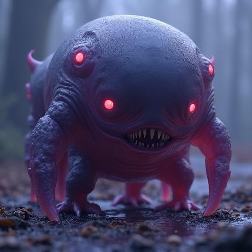 A large amorphous blob monster shaped like a smooth sphere. No legs, floating or resting on a surface. Texture glossy and semi-translucent with subtle organic details. Colors blending dark purples and blues with glowing highlights. Surreal and slightly eerie atmosphere. Highly detailed digital art style with cinematic lighting.
