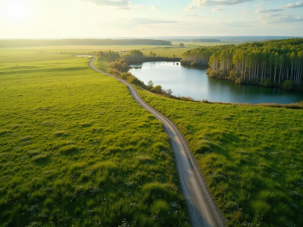 Bird’s-eye view of vast spring landscape. Endless green meadows stretch to horizon. Wild daisies and violets dot fields. Narrow dirt road snakes through fields, curving to crystal-clear lake at edge of pine forest. Lake mirrors sky and trees. Surface ripples gently in breeze. Budding birch trees stand along shoreline, white trunks glowing in sunlight. Distance road disappears into haze of golden light. No buildings in sight, just nature in quiet anticipation.