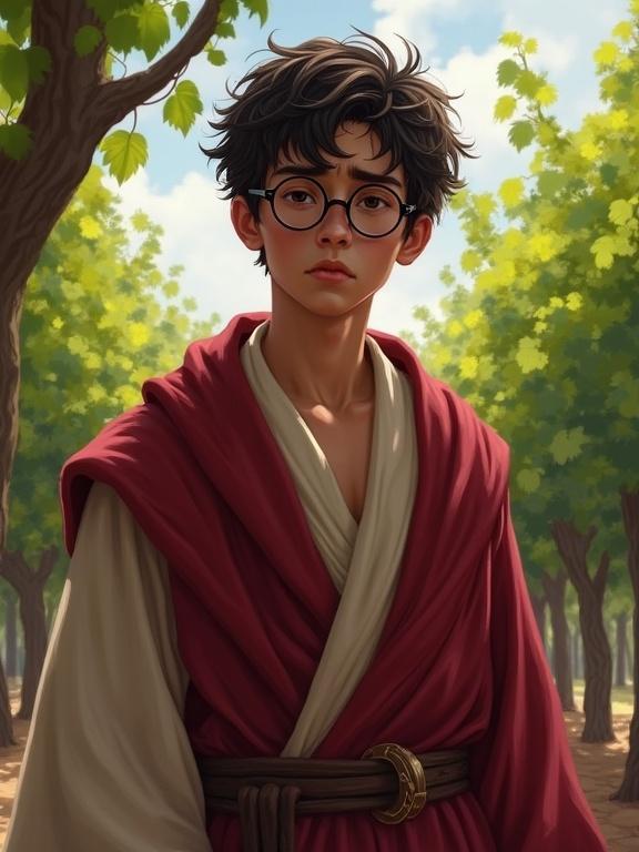 A young man in his early 20s stands outdoors among vines. He has round glasses and wears robes reminiscent of Greek attire. His expression is worried and pensive, portraying a meek and anxious demeanor. Semi-realistic digital art inspired by Jason Chan. Background reflects vine plants typical in a wine vineyard.
