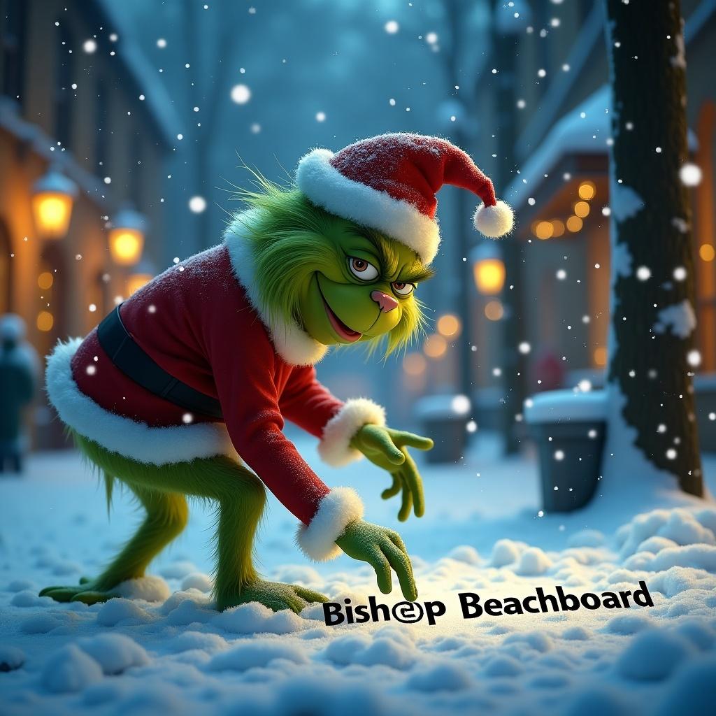 Image features Grinch in snowy street. He writes name 'Bishop Beachboard' in snow with his finger. Snowflakes are falling around him. The scene shows Christmas essence with personalized touch.