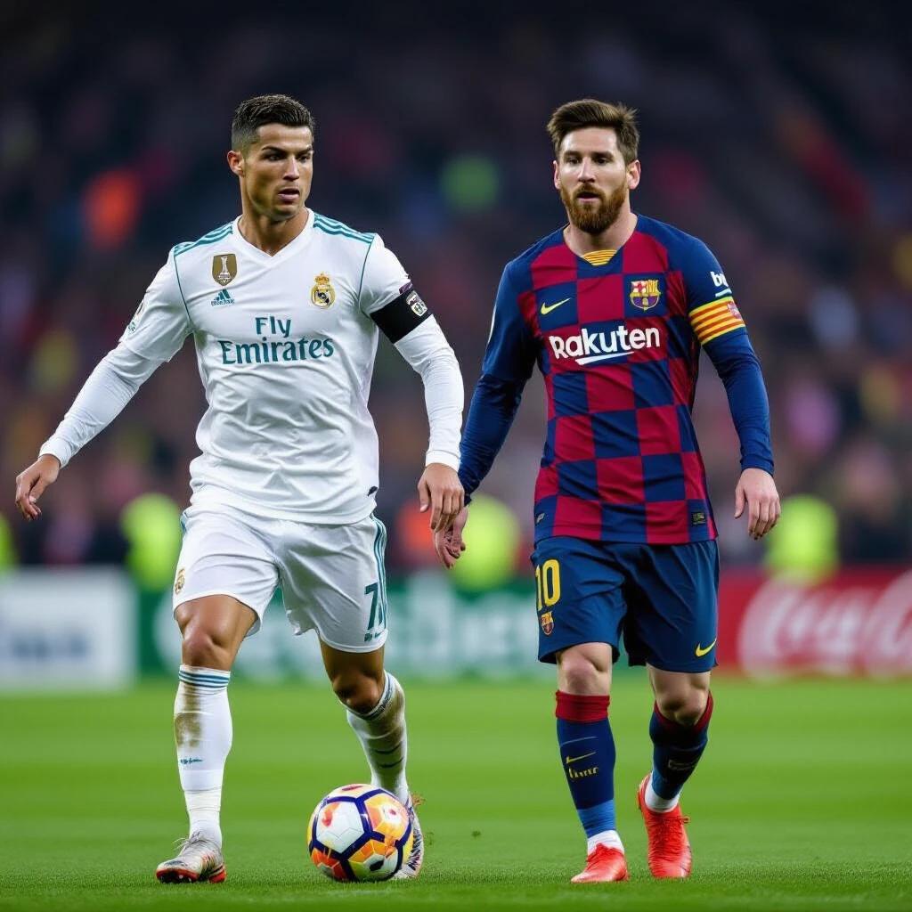 Two famous football players compete on a soccer field. One is wearing a white jersey with Fly Emirates logo. The other is wearing a dark red and blue striped jersey. The background features a stadium atmosphere. Both players are engaged in gameplay.