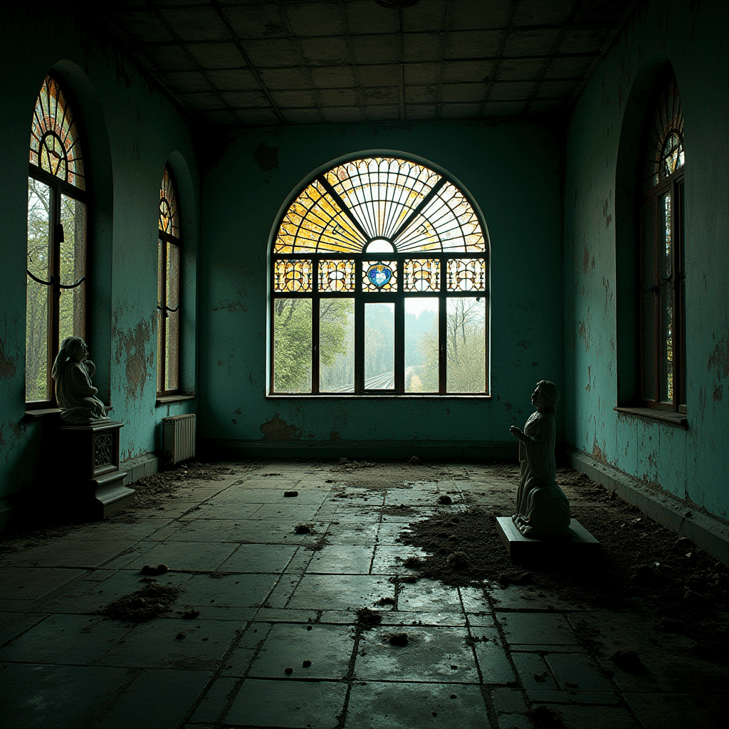 An eerie, old room with peeling paint and statues bathed in light from stained glass windows.