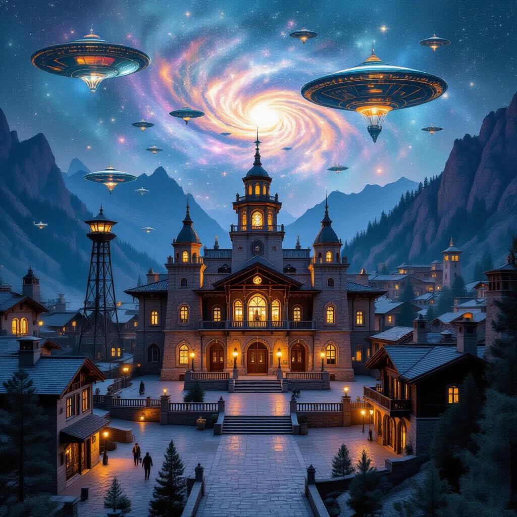 Drone shot of a capital city town hall situated in mountains. Architecture features e-d-printed structures, rod iron towers, stone buildings, Pueblo Revival style, and Fachwerkhäuser. Scene includes alien technology like blimps, hot air balloons, and flying hexagon forts under a magical nebula.