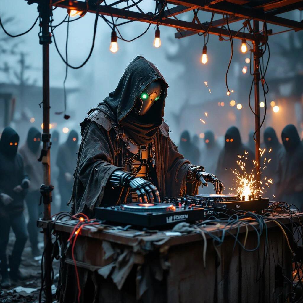 Humanoid robot in tattered robes stands at DJ booth made of scrap. Set at night in foggy junkyard with glowing cables. Crowd of masked dancers surrounds. Sparks fly as robot scratches rusted vinyl. High-contrast lighting and smoky texture convey drama.