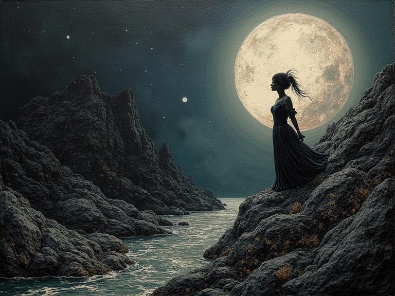 A silhouette of a woman in a long dark dress stands on rocky terrain overlooking moonlit water. A large full moon shines brightly in the night sky, casting dramatic shadows. The scene feels mysterious and atmospheric.