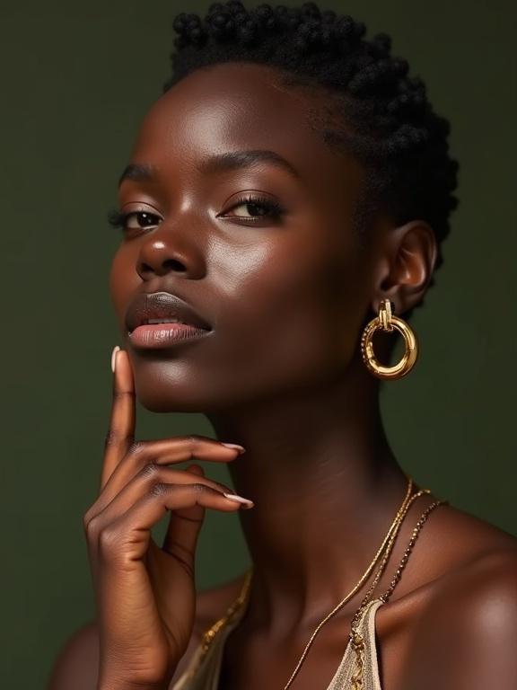A black woman has short hair styled with braids and wears gold hoop earrings. She poses with her hand on the side of her neck. The background is green. The photo is for a Loewe jewellery campaign.
