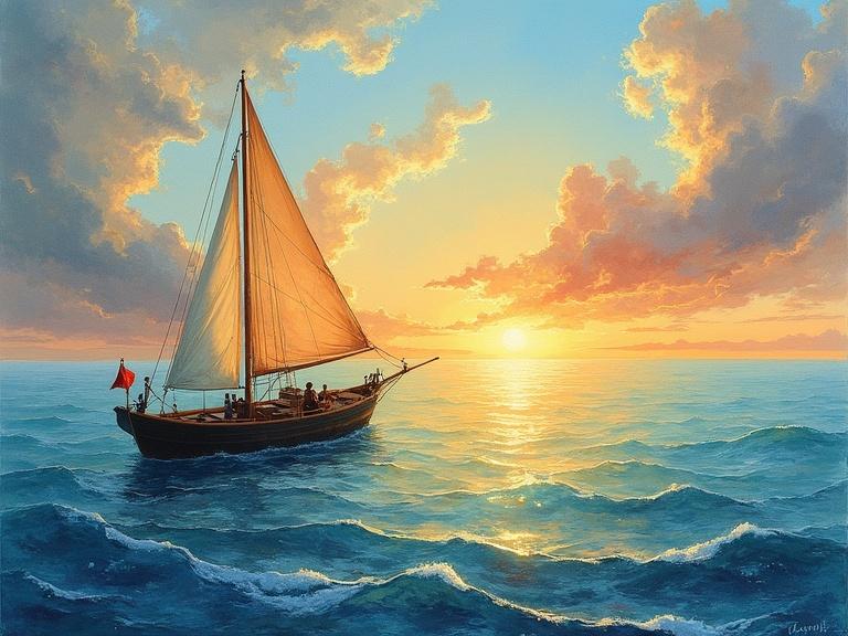 A sailboat sails on the ocean during sunset. The sky features vibrant colors with clouds. The water reflects the light of the setting sun. This scene is peaceful and picturesque. The atmosphere is warm and inviting. The scene captures the essence of sea travel and adventure.