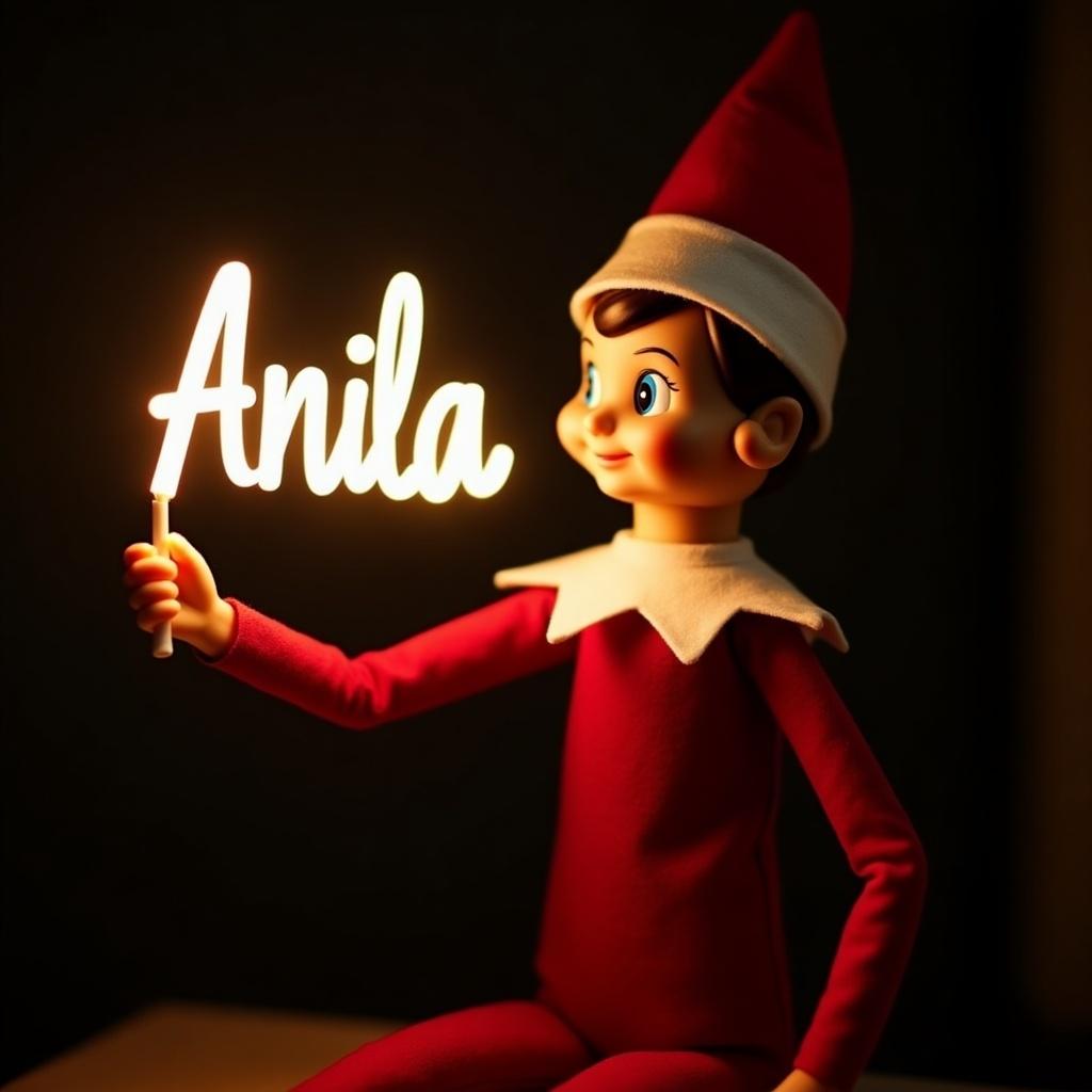 Image shows elf on the shelf in red and white outfit. Elf holds a glow stick writing 'Anila'. Dark background enhances glow. Creates festive and warm atmosphere of Christmas joy.