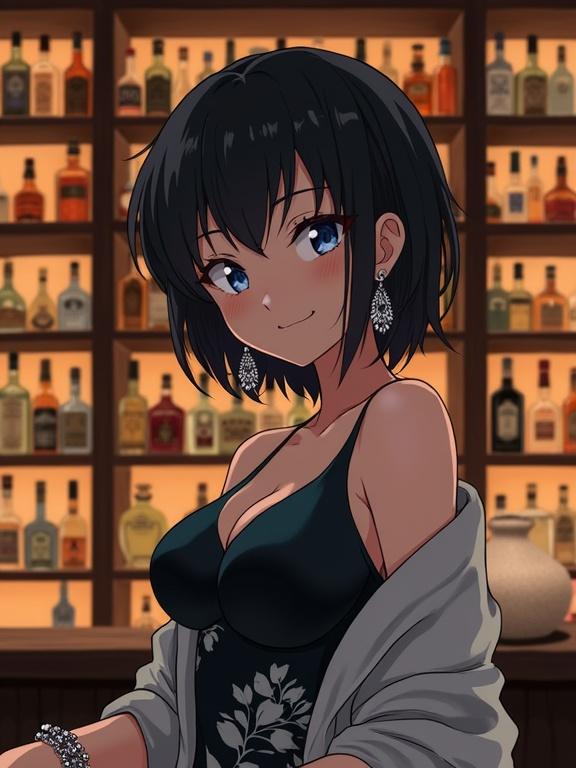 Anime-style woman with dark short hair and bangs. Gentle smile, looking slightly right. Light-colored eyes with blue hints. Wearing dark dress with white floral pattern and a light jacket. Large earrings and bracelet. Bar background with illuminated liquor bottles.