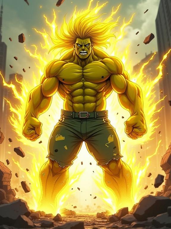 Full body illustration of a muscular young man transforming into a massive yellow monster. Character has glowing veins and wild hair. Skin is bright yellow with cracks forming. Pants are torn. Shattered city in background with energy waves.