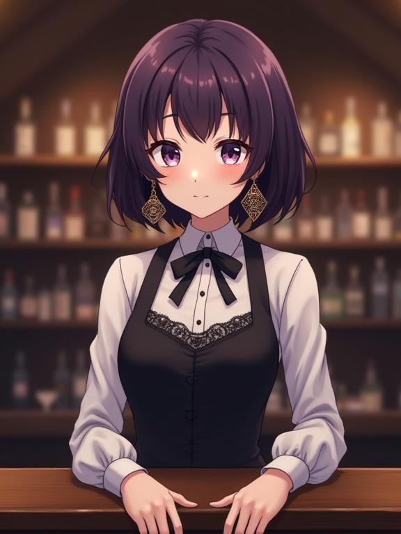 Anime girl with dark violet hair sitting at bar counter with calm and intelligent expression. She has a subtle wave hairstyle with a delicate fringe. Positioned behind polished wooden bar with forearms resting on surface. Elegant outfit includes white long-sleeved shirt with ruffled cuffs under dark vest with intricate detailing. Small black bow adorns neckline. She wears striking dangling earrings of antique gold or copper.