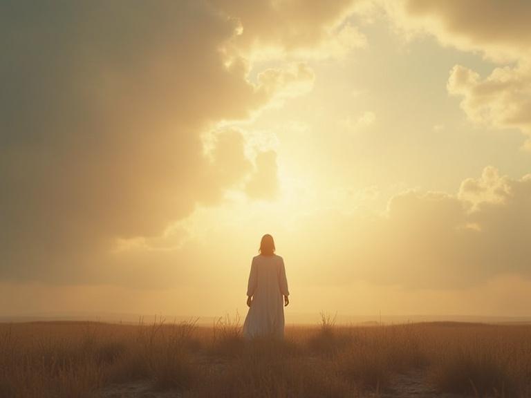 Enoch standing in a vast landscape with a divine figure in the sky. Ethereal tones and symbolic style. 9:16 aspect ratio.
