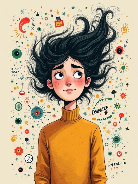 A female character appears slightly overwhelmed in a swirl of colors and words. Hair floats up slightly. Eyes are wide open. Visual elements like alarms and stars surround them. Background is soft tones. Colors are bright and saturated.