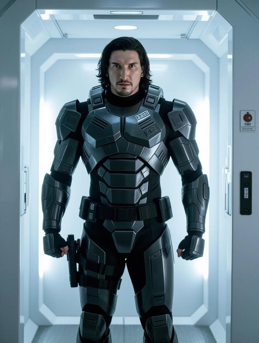 Adam Driver as a soldier trapped in a chamber undergoing transformation. Military sci-fi theme. Armored cyborg super soldier shown in a strong pose. Live action photograph with a futuristic background.