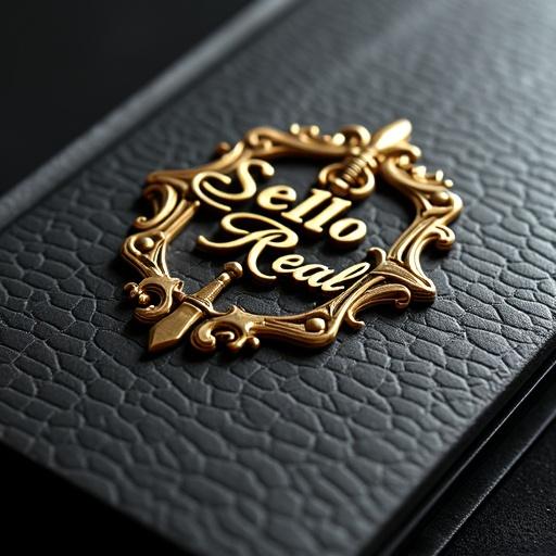 Extreme close-up macro shot of a luxury album cover showcasing a gold emblem. Snakeskin surface appears dark gray or silver. The emblem features baroque-style monogram of 'Sello Real' and a vintage microphone shape. Soft lighting enhances the textures and details.