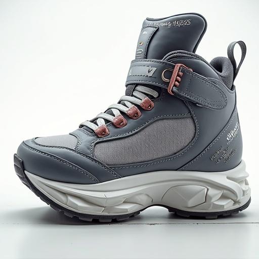 Detailed image of HiDream I1 Fast hiking boots in gray color. Features a high-top design with laces and a strap. The boot emphasizes comfort and durability, showing a stylish sporty look.