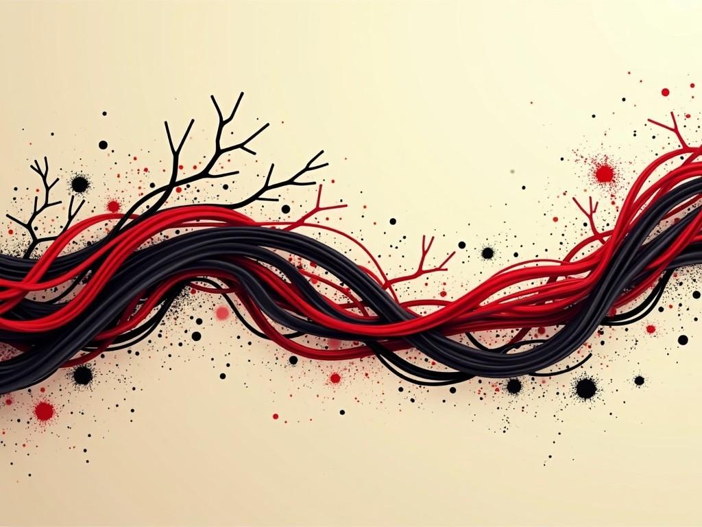 An abstract art piece featuring intertwined red and black cords against a cream background with splatter effects.