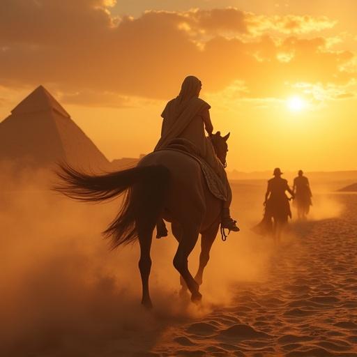 Egyptian queen wearing a cloak flees on horseback during sandstorm. She looks back terrified while shadowy figures chase her. Pyramids are faintly visible through swirling sand. Sunset sky is dramatic and fiery.
