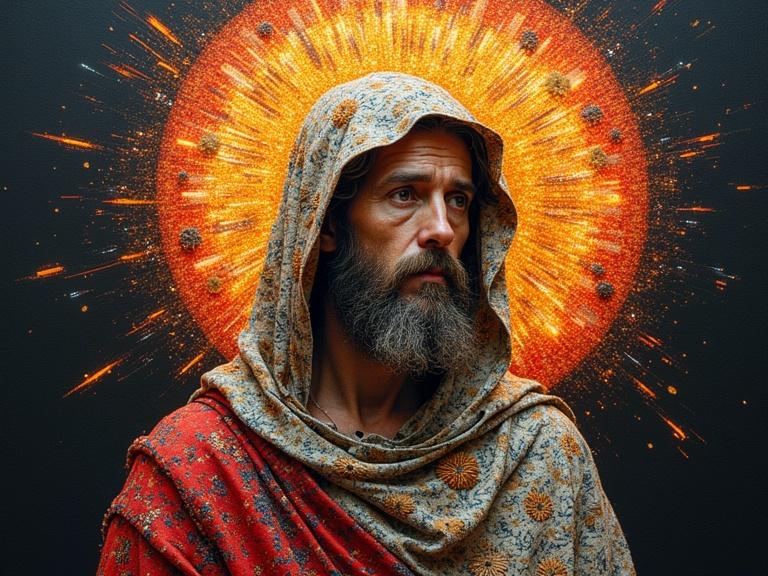 The image depicts a saint with a vibrant glowing halo showcasing traditional needlework. The backdrop features modern molecular techniques with explosive assembly effects. Art and technology merge beautifully in this visual representation.