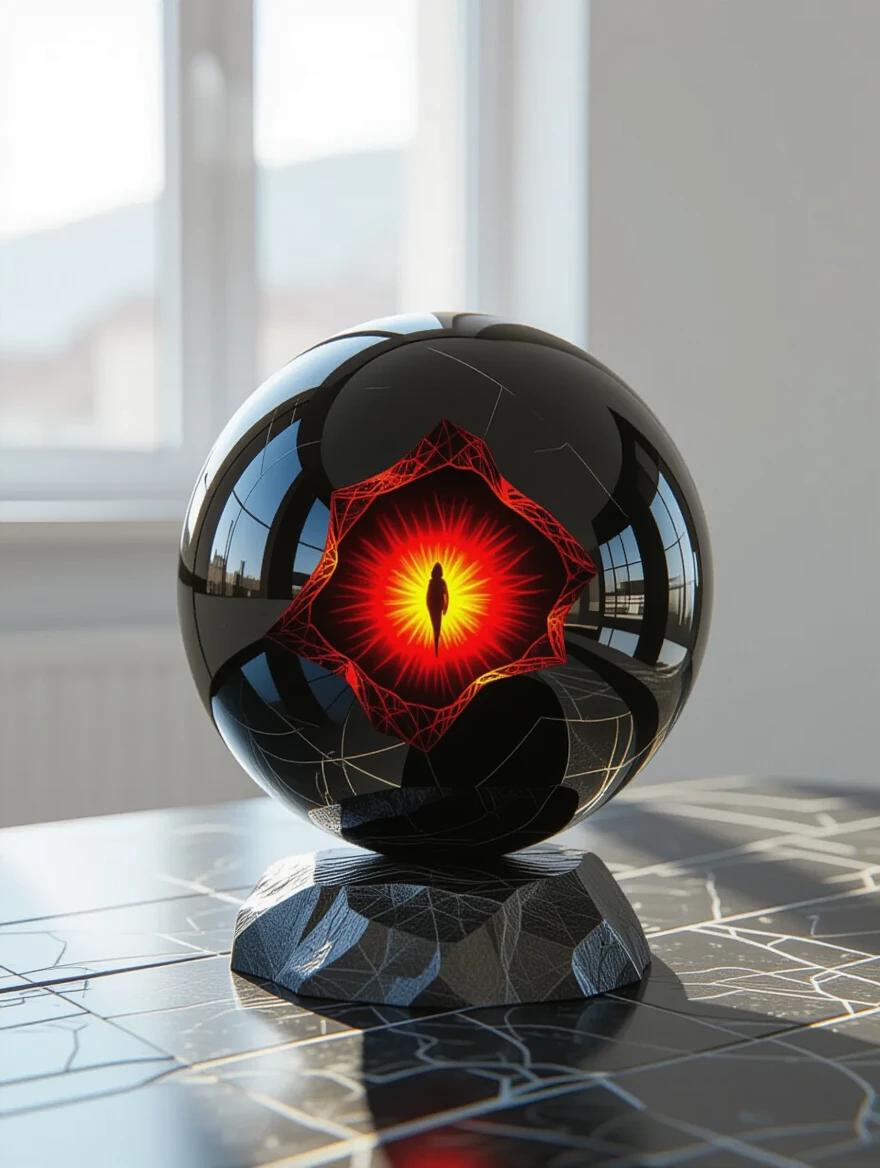 A dark black palantir crystal ball on a rock table. Inside is the red fire of Sauron’s eye. The image is hyperdetailed and showcases the object in an 8k resolution.