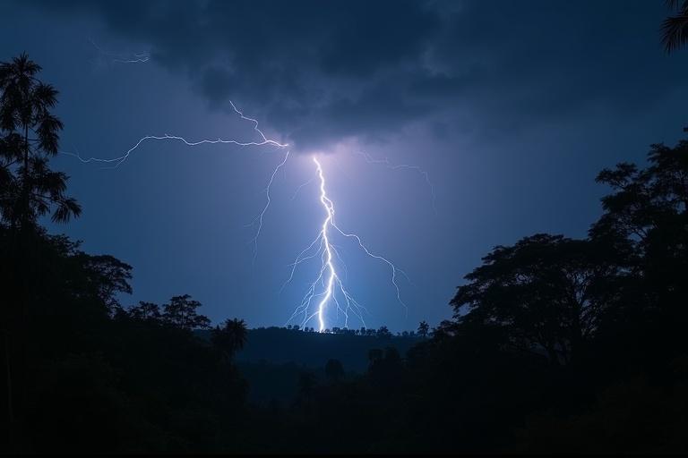 A flash of lightning illuminating a jungle landscape against a dark sky